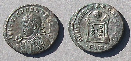 This coin of Crispus, son of Constantine, with a chi rho on the shield (struck c. 326) shows that the symbol mentioned by Lactantius and Eusebius was a chi rho.