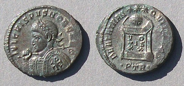 This coin of Crispus, son of Constantine, with a chi rho on the shield (struck c. 326) shows that the symbol mentioned by Lactantius and Eusebius was 