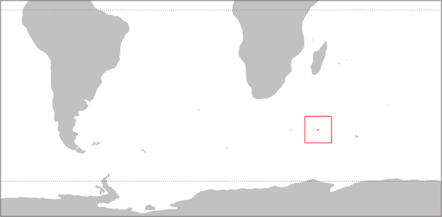 Carte de l'hémisphère sud, montrant l'archipel Crozet en rouge.