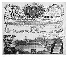 Die Residenzstadt Darmstadt auf einer 1767 von Heinrich Philipp Boßler gestochenen Handwerkskundschaft[25] (Quelle: Wikimedia)