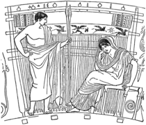 Penelope at her warp-weighted tapestry loom, after an Ancient Greek vase
