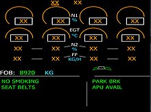 Airbus A340-300 Electronic centralised aircraft monitor (ECAM) display showing N1 and EGT for each of the four engines ECAM.jpg