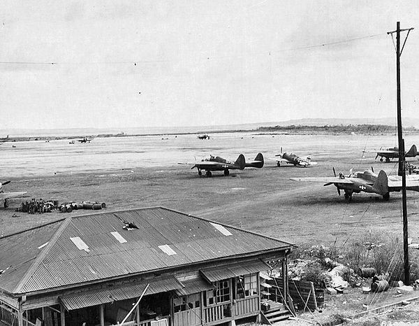 Northrop P-61 Black Widows and Republic P-47 Thunderbolts on East Field, June 24, 1945.