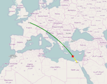 Trajet approximatif de l'avion et lieu de la catastrophe.