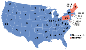 Kort over, hvem, der vandt hvilke delstater (blå=Roosevelt, rød=Hoover)