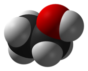 The approximate shape of a molecule of ethanol, CH3CH2OH. Each atom is modeled by a sphere with the element's Van der Waals radius. Ethanol-3D-vdW.png