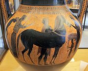 Une amphore d'Exékias. Face B: Léda et Tyndare accueillent le retour de Castor et Pollux. 540-530. Musée du Vatican