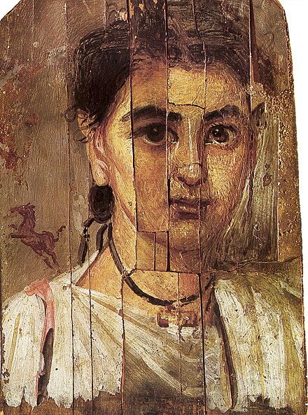 Greco-Roman Boy, 2nd century CE (a Fayum mummy portrait). Encaustic on wood—note the cracks.