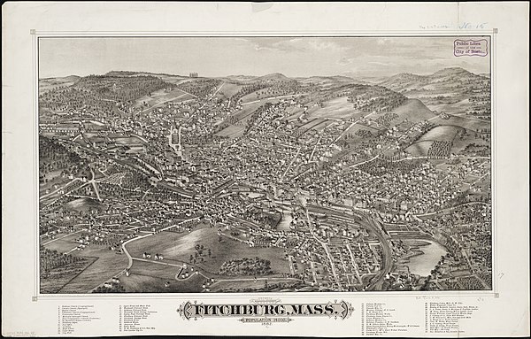 Print of Fitchburg from 1882 by L.R. Burleigh with listing of landmarks