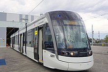 Front view of one of Bombardier's Flexity Freedom vehicles at the Eglinton Maintenance and Storage Facility during Doors Open 2019 Flexity Freedom Eglinton LRT Vehicle.jpg