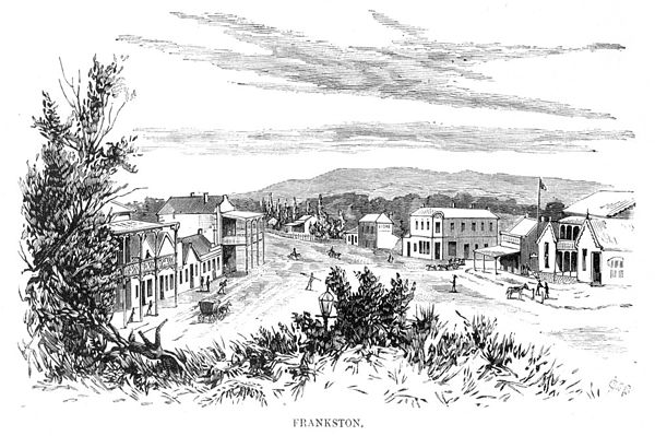 Main Street of Frankston in 1886. The Pier Hotel is on the fore-left and the Bay View Hotel is on the mid-right.
