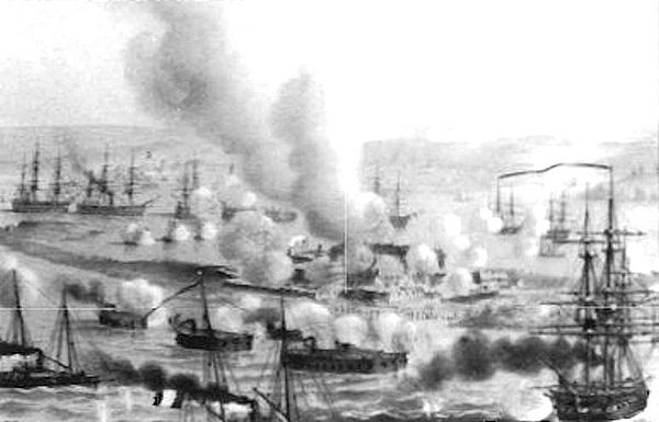 Illustration of the ironclad batteries bombarding Kinburn