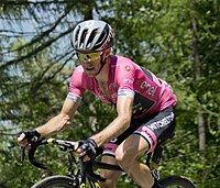 Simon Yates wearing the Castelli Maglia rosa at the 2018 Giro d'Italia GIR40263 simon yates.jpg