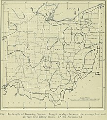 Map of average growing season length from "Geography of Ohio," 1923 Geography of Ohio - DPLA - aaba7b3295ff6973b6fd1e23e33cde14 (page 32) (cropped).jpg
