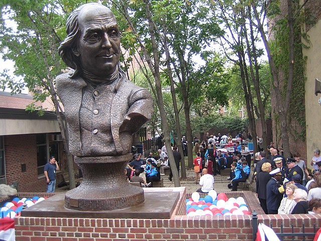 A luncheon in Girard Fountain Park after the Oct. 5, 2007, dedication of Keys To Community, a nine-foot bronze bust of Benjamin Franklin by sculptor J