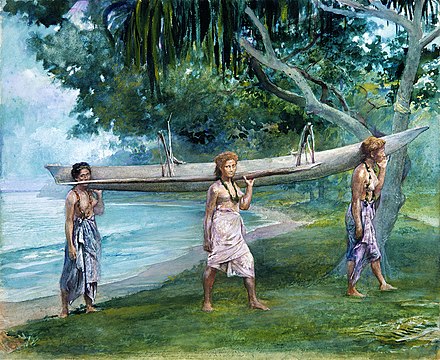 Portrait of Samoan women carrying a canoe