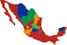 Mexican states governed by political party
.mw-parser-output .div-col{margin-top:0.3em;column-width:30em}.mw-parser-output .div-col-small{font-size:90%}.mw-parser-output .div-col-rules{column-rule:1px solid #aaa}.mw-parser-output .div-col dl,.mw-parser-output .div-col ol,.mw-parser-output .div-col ul{margin-top:0}.mw-parser-output .div-col li,.mw-parser-output .div-col dd{page-break-inside:avoid;break-inside:avoid-column}
.mw-parser-output .legend{page-break-inside:avoid;break-inside:avoid-column}.mw-parser-output .legend-color{display:inline-block;min-width:1.25em;height:1.25em;line-height:1.25;margin:1px 0;text-align:center;border:1px solid black;background-color:transparent;color:black}.mw-parser-output .legend-text{}
Morena
PAN
PRI
MC
PES
PVEM Gobernadores mexicanos Actualizado (2023).png