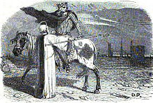 Gravure montrant un roi à cheval à côté d'un homme d'église à pied.