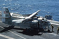 Right side view of a C-1 Trader aircraft from Fleet Logistic Support Squadron 40 (VRC 40) aboard the training aircraft carrier USS LEXINGTON (AVT 16).