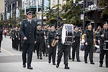 An Army Cadet band during a parade in Vancouver in 2014. Halloween Parade 2014 (15390216949).jpg