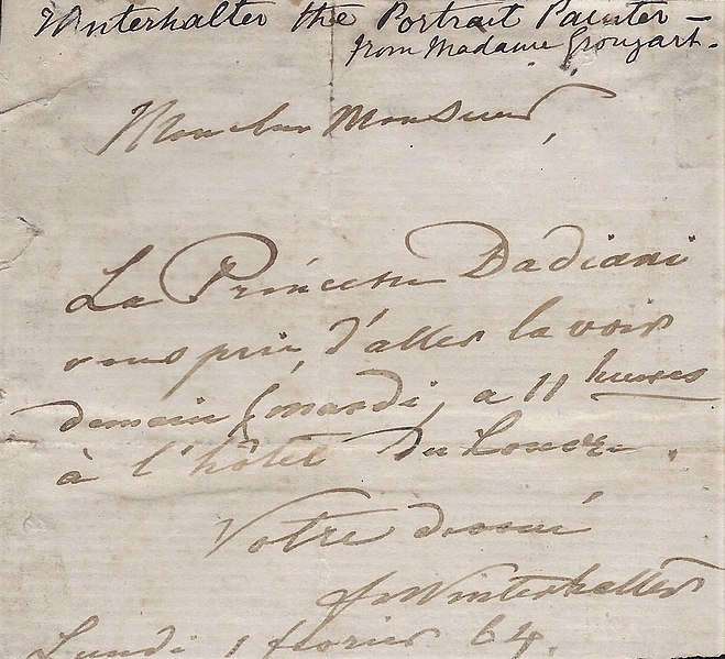 File:Handwritten note from portrait painter Franz Xaver Winterhalter to Princess Ekateriné Dadiani, 1864.jpg