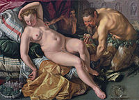 Jupiter and Antiope 1612. oil on canvas medium QS:P186,Q296955;P186,Q12321255,P518,Q861259 . 129 × 178 cm (50.7 × 70 in). Present whereabouts unknown.