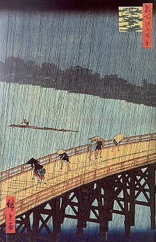 Le Pont Ōhashi et Atake sous une averse soudaine, estampe d'Hiroshige, tirée des Cent Vues d'Edo (1857).