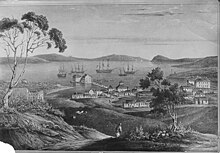 A view of Hobart Town by Irish born convict-artist Alan Carswell (1823), showing the colony establishing itself around the mouth of Sullivans Cove in the early 1820s. Hobart Town-Alan Carswell (1821).jpg