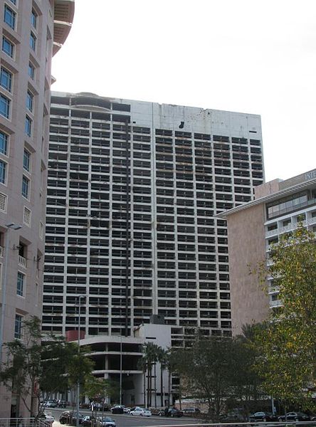 The ruined Holiday Inn Beirut in the hotel district of Beirut, with the Phoenicia in front of it on the right in 2009