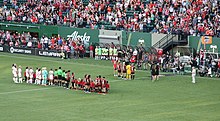 Four Thorns players who won the Women's World Cup with the U.S. National Team were recognized upon their return to Portland, prior to the July 24 match against the Houston Dash. Houston Dash at Portland Thorns July 2019 01.jpg