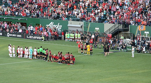 Four Thorns players who won the 2019 FIFA Women's World Cup with the U.S. national team were recognized before the July 24, 2019, match against the Ho