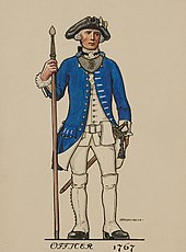 Officer vid Västerbottens regemente 1767. Officerens hatt är dekorerad med guldgalon och kring halsen bär han en ringkrage med Adolf Fredriks krönta namnchiffer. I högra handen håller officeren en sponton, som användes som värdighetstecken av det högre befälet. Teckning av Einar von Strokirch.