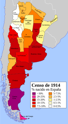 Percentage of Spanish immigrants in the provinces and territories of Argentina, according to the 1914 Argentine census Inmigrantes de Espana en Argentina (1914).svg