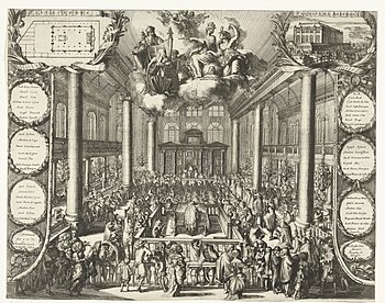 View of the dedication of the Esnoga, 2 August 1675. Romeyn de Hooghe Interieur van de Portugese Synagoge te Amsterdam tijdens de inwijding, 1675, RP-P-OB-67.743A.jpg