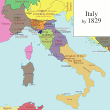Animated map of the Italian unification from 1829 to 1871 Italian-unification.gif