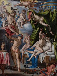 Het schilderij toont de Romeinse goden Mars en Venus, terwijl zij op bed betrapt worden door Venus' man Vulcanus. Andere goden kijken toe. Op de grond ligt een rode slipper.