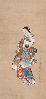 Chân dung đứng của một kỹ nữ hạng sang Tranh vẽ bằng mực tàu và màu trên lụa, Kaigetsudō Ando, k. 1705–10
