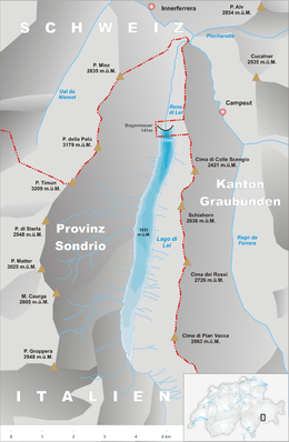 Mappa della Val di Lei: la valle e il lago sono in territorio italiano, mentre la diga è in territorio elvetico