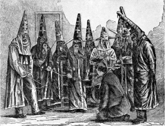 Depiction of Ku Klux Klan in North Carolina in 1870, based on a photograph taken under the supervision of a federal officer who seized Klan costumes