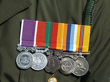 Medals of the Sri Lankan military displayed on a Sri Lanka Army service uniform Kularatne medals2009.jpeg