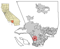 カリフォルニア州、ロサンゼルス郡におけるホーソーンの位置