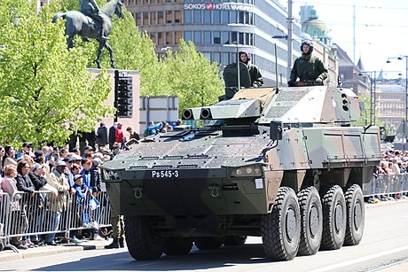 Finnish Patria AMV XA-361 with AMOS mortar system at the national parade on the flag day of the Finnish Defence Forces