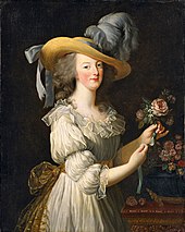 Marie Antoinette, wife of Louis XVI, was a leader of fashion. Her choices, such as this 1783 white muslin dress called a chemise a la Reine
, were highly influential and widely worn. MA-Lebrun.jpg