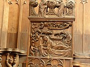 Chorgestühl: Geburt Christi, um 1345. Das Chorgestühl war wegen der Luftangriffe in das Schloss Erxleben ausgelagert