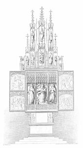 Late Gothic triptych over altar, Hallstatt, woodcut 1858 MZK 003 Nr 01 Der gothische Flugelaltar zu Hallstadt in Oberosterreich.jpg