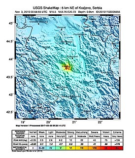 Aardbeving epicentrum in Servië op 3 november 2010 (USGS afbeelding)