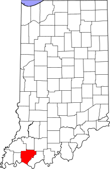 Location of Warrick County in Indiana Map of Indiana highlighting Warrick County.svg