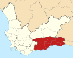Kaart van Suid-Afrika wat Tuinroete in Wes-Kaap aandui
