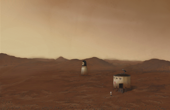 Artist depiction of the Habitat Unit and the Earth Return Vehicle on Mars. Mars Direct Base Art 001.png