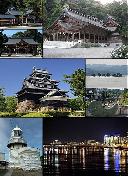 From top left: Kumano Taisha, Yaegaki Shrine, Miho Shrine, Matsue Castle, Lake Shinji (Yomegashima), Tamatsukuri hot springs, Mihonoseki Lighthouse, N